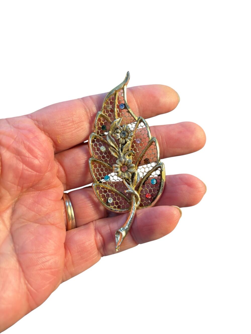 Vintage Gold Tone Leaf Brooch Rhinestone Mesh Filigree Floral Pin Multicolor